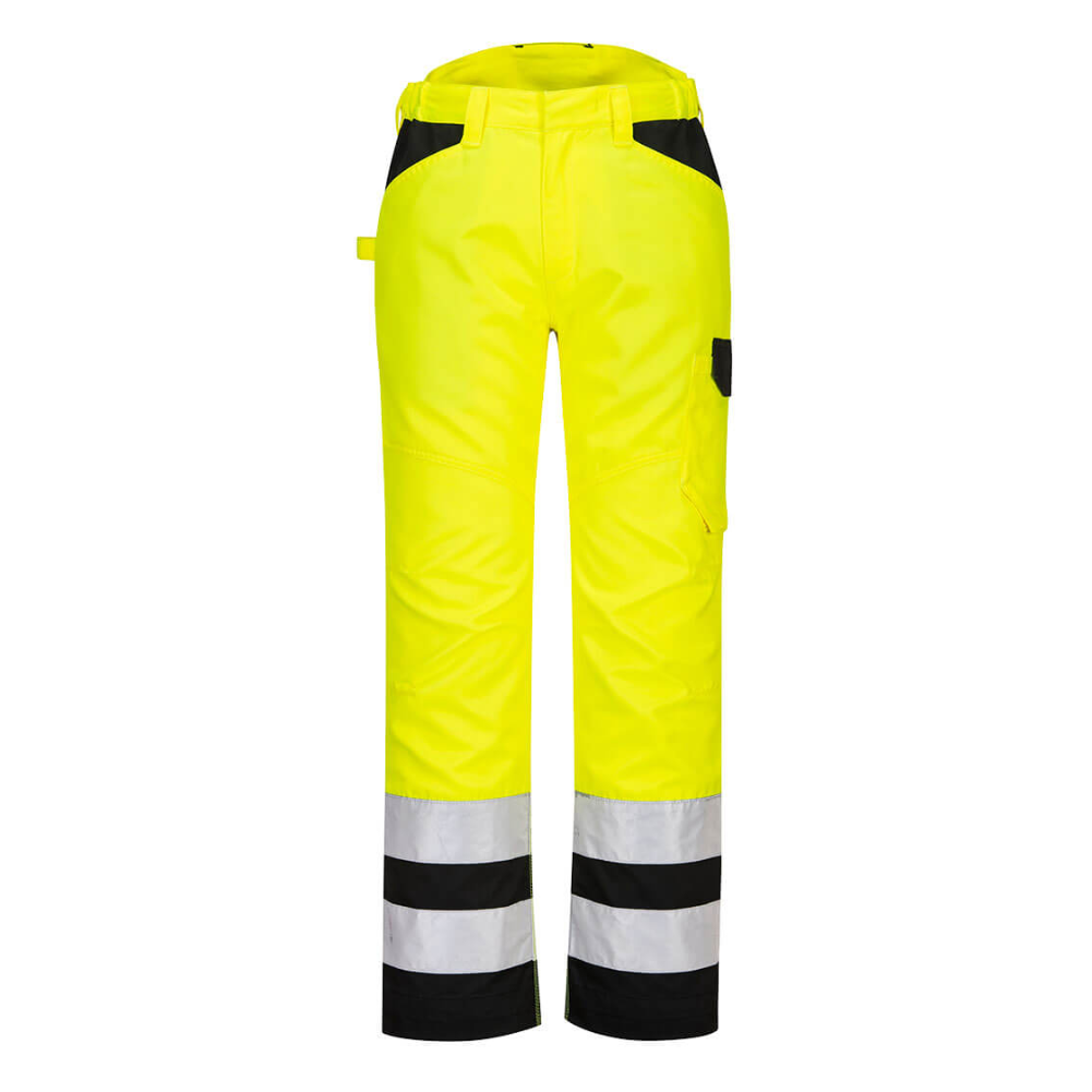 Portwest PW2 Hi-Vis Service Trousers - Yellow. High-visibility yellow work pants with reflective stripes. protexU