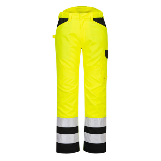 Portwest PW2 Hi-Vis Service Trousers - Yellow. High-visibility yellow work pants with reflective stripes. protexU