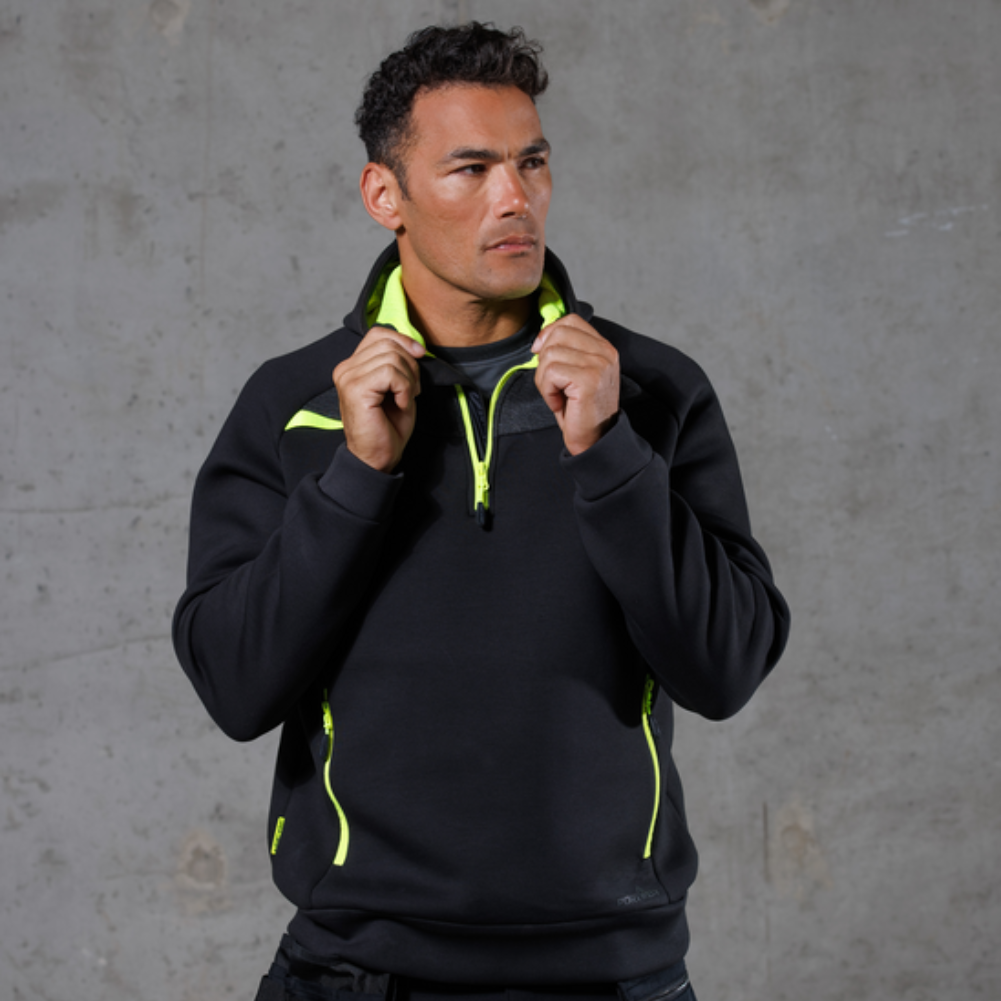 Portwest Quarter Zip Work Jumper Black with Neon Yellow Detailing