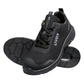 A pair of black Uvex safety work shoes with black laces and a textured black sole, protexU
