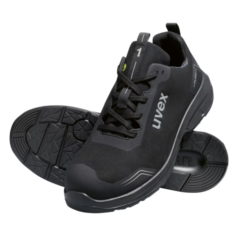 A pair of black Uvex safety work shoes with black laces and a textured black sole, protexU