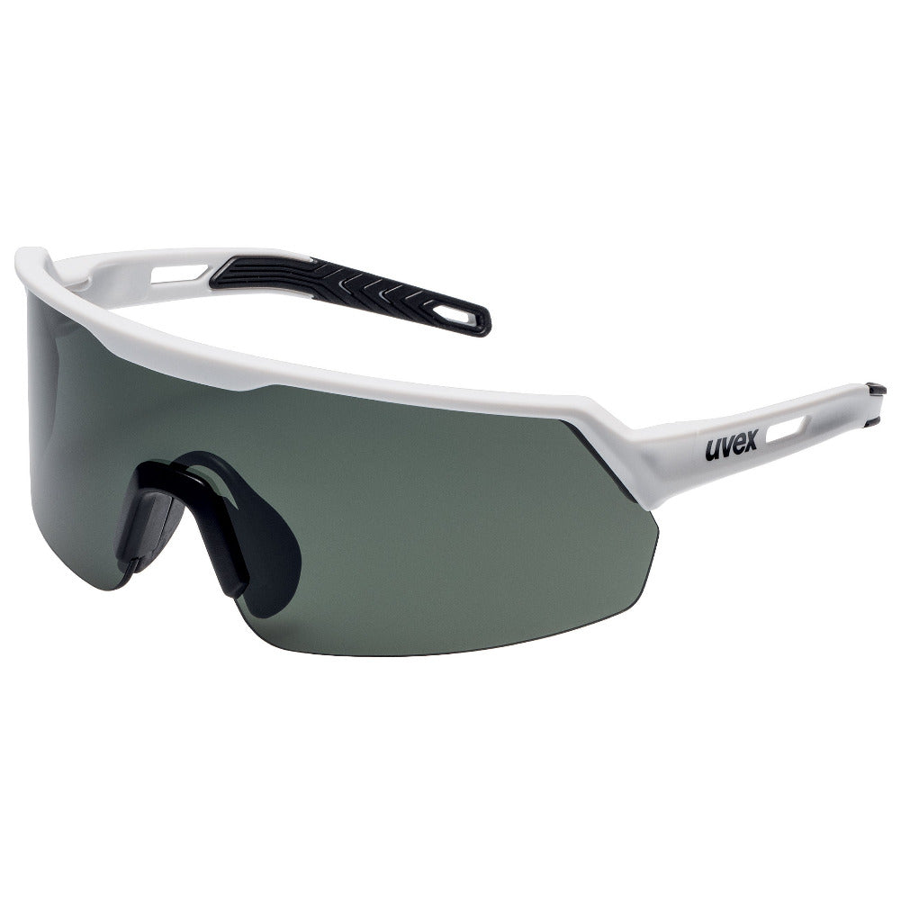 uvex ultrashield polarised sunglasses safety glasses with a white frame, dark gray polarized lens, and black nose pad, shown on a plain white background.