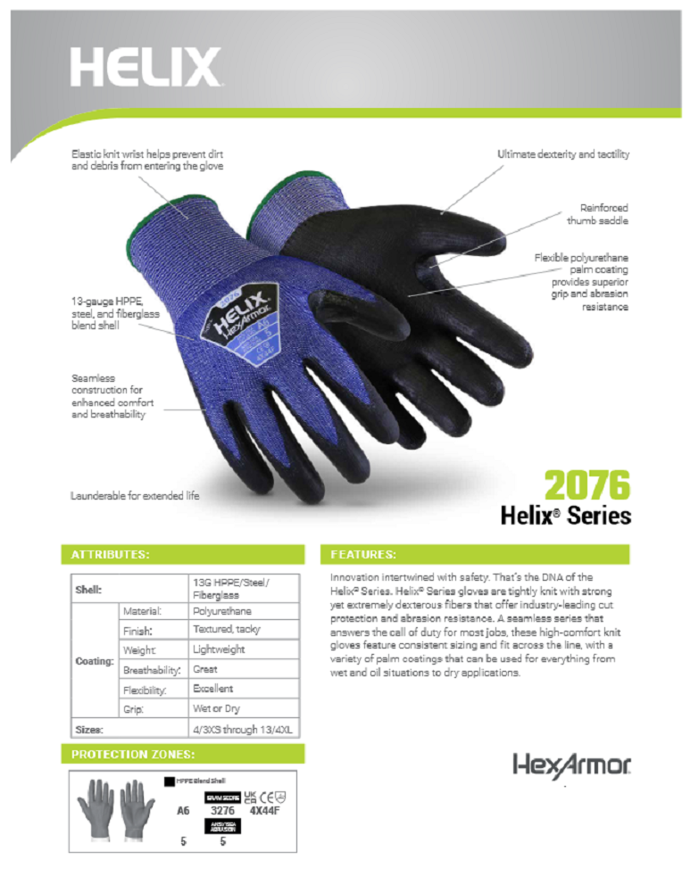 HexArmor® Helix® 2076 Seamless coated safety glove cut protection level F protexU