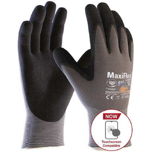 ATG MaxiFlex Ultimate Work Gloves Grey with black foam palms. Touchscreen compatible work gloves.42-874 protexU