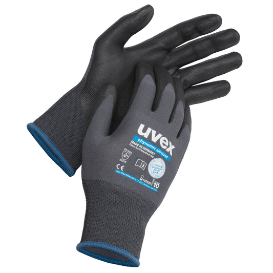 uvex 60070 phynomic allround ppe safety gloves. Aqua-polymer foam coated palms. Best safety gloves for general handling use. Grey/Black