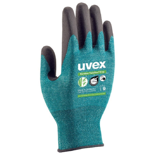 The uvex Bamboo TwinFlex® D xg features cut level D protection and 45% sustainable materials. The combination of high-tech, high-performance fibres together with natural, sustainable bamboo-viscose and recycled polyamide delivers an extremely comfortable glove with impressive levels of protection against abrasion and cut hazards. protexU