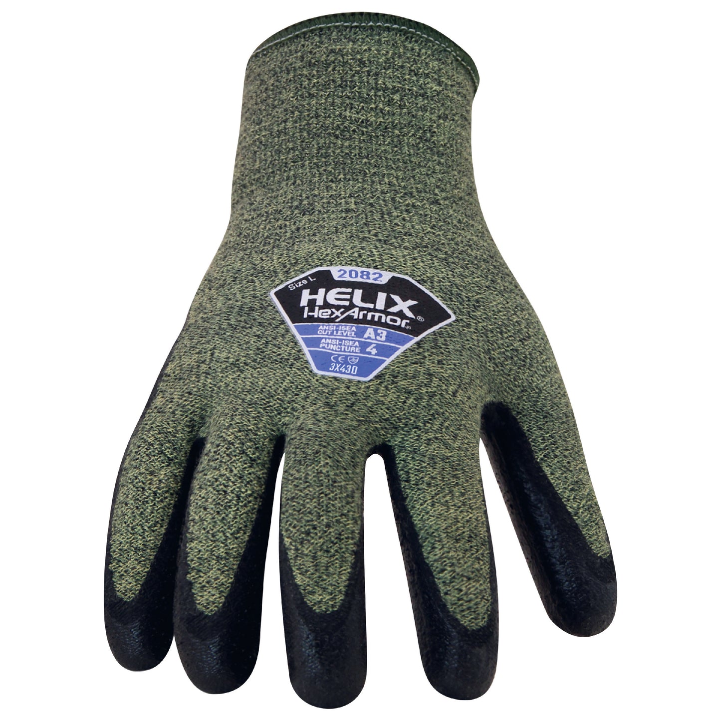 The Helix® Series 2082 gloves by HexArmor® feature a 13-gauge flame-resistant aramid and wool blend shell that offers cut protection and an Arc Flash level 2 rating. A flexible, FR-compliant neoprene/nitrile blend palm coating provides superior grip and abrasion resistance.