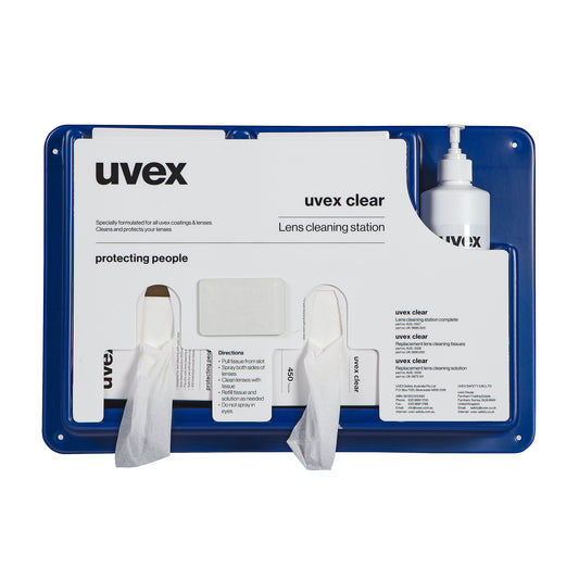 Uvex Lens Cleaning Station with Fluid Spray and Tissues (Wall Mounted). Suitable for all types of glasses and goggles safety and prescription Polycarbonate and glass lens. protexU