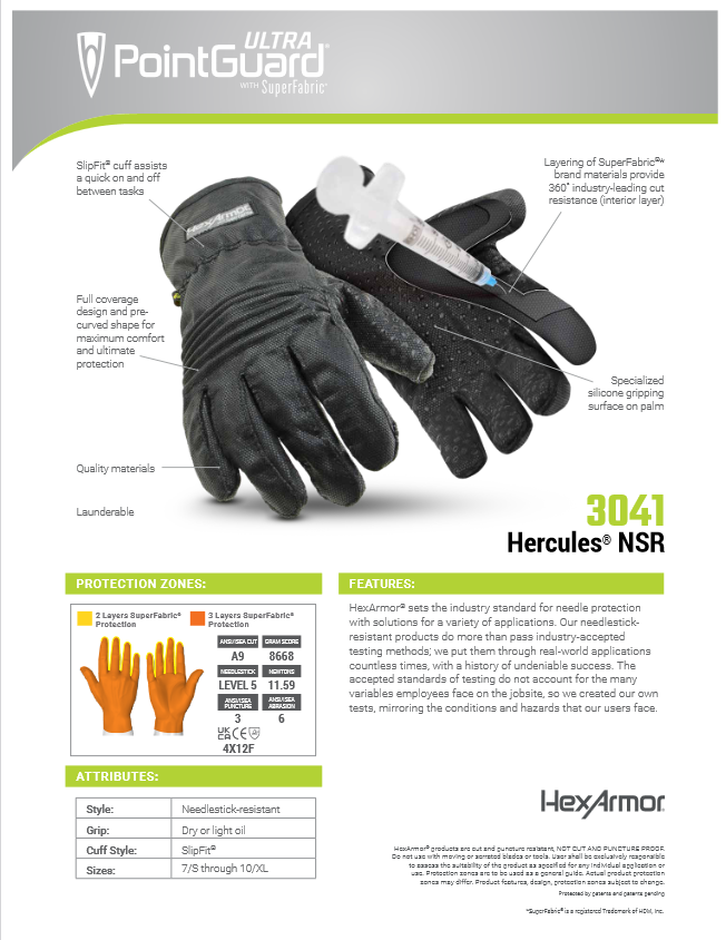 Hexarmor Hercules needle stick gloves, sharps resistant, facilities, waste management, healthcare. protexU