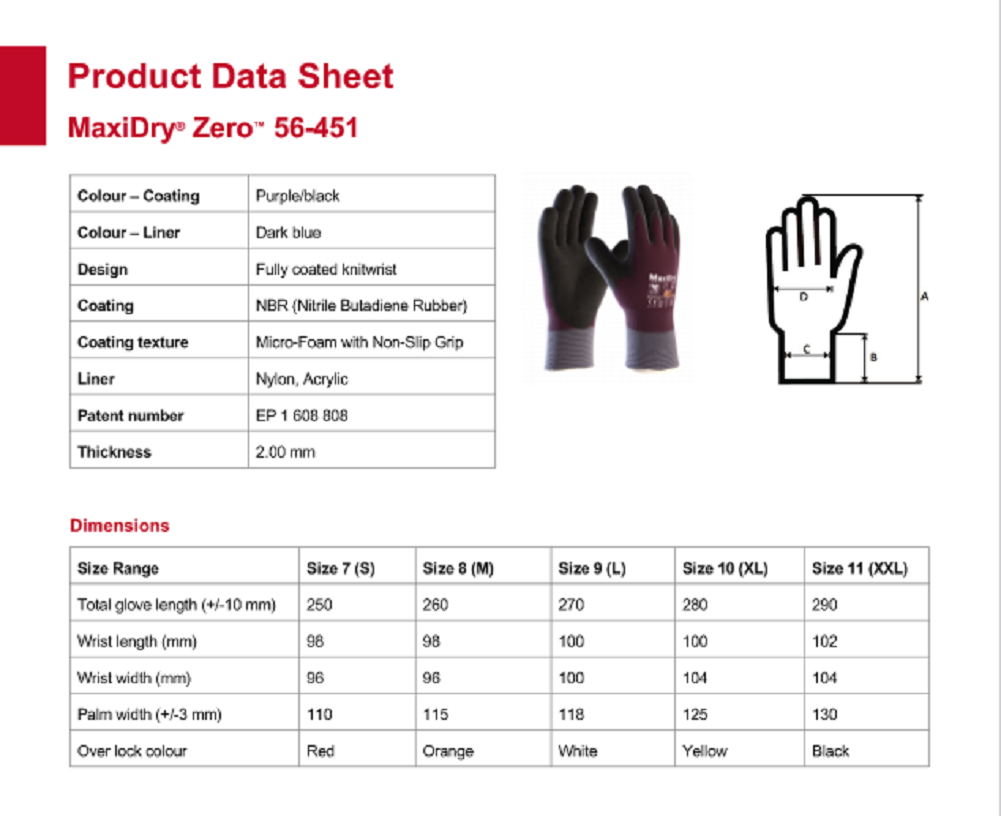 ATG MaxiDry 56-451 Thermal Winter Work Gloves. Cold-store -30°C Protection. Size Chart. protexU