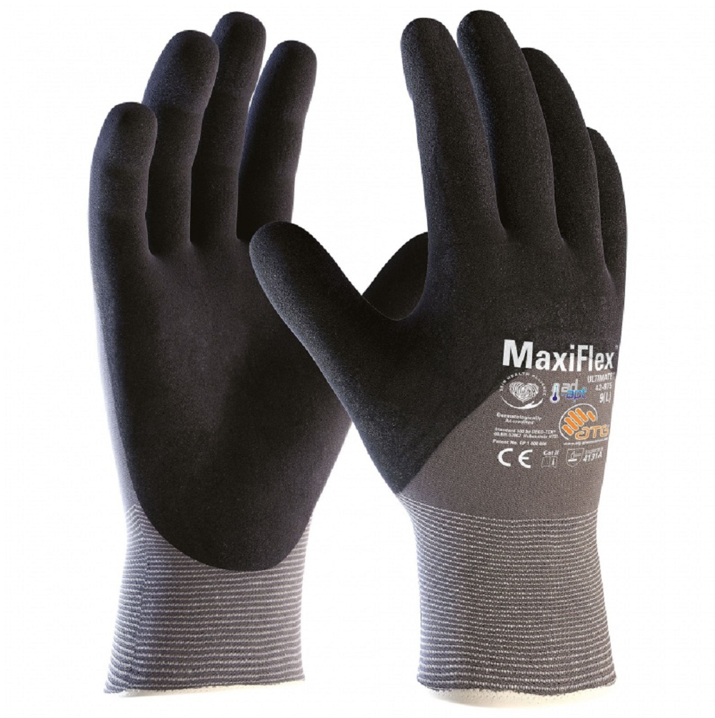 ATG MaxiFlex 42-875 3/4 coated Grey/Black work gloves. Touchscreen compatible. AD-APT® Grey. protexU