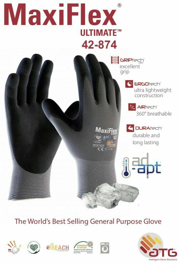 ATG MaxiFlex Ultimate Work Gloves Grey with black foam palms. Touchscreen compatible work gloves. 42-874 Features PIctogram.  protexU