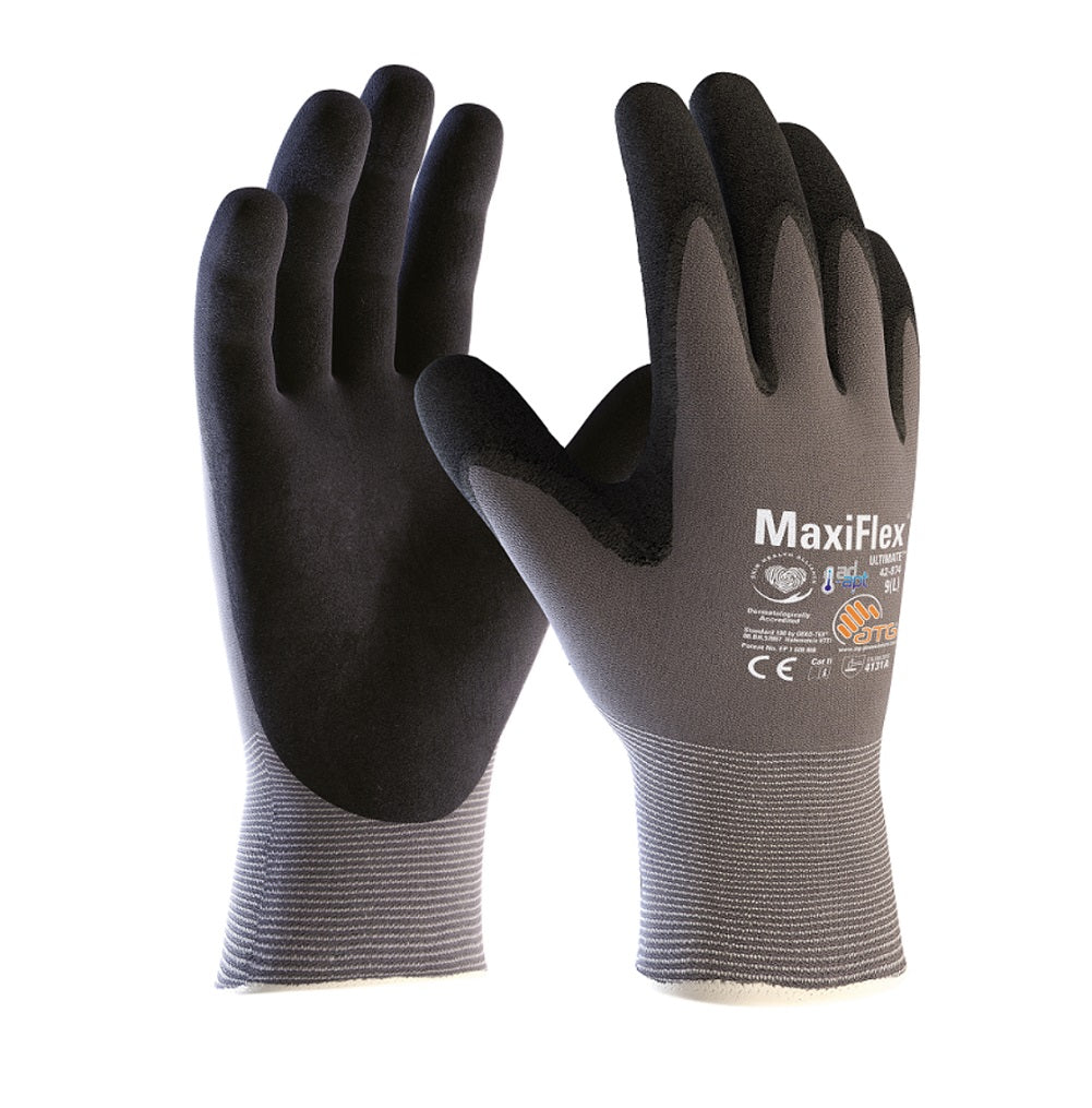 ATG MaxiFlex Ultimate Work Gloves Grey with black foam palms. Touchscreen compatible work gloves.42-874 protexU