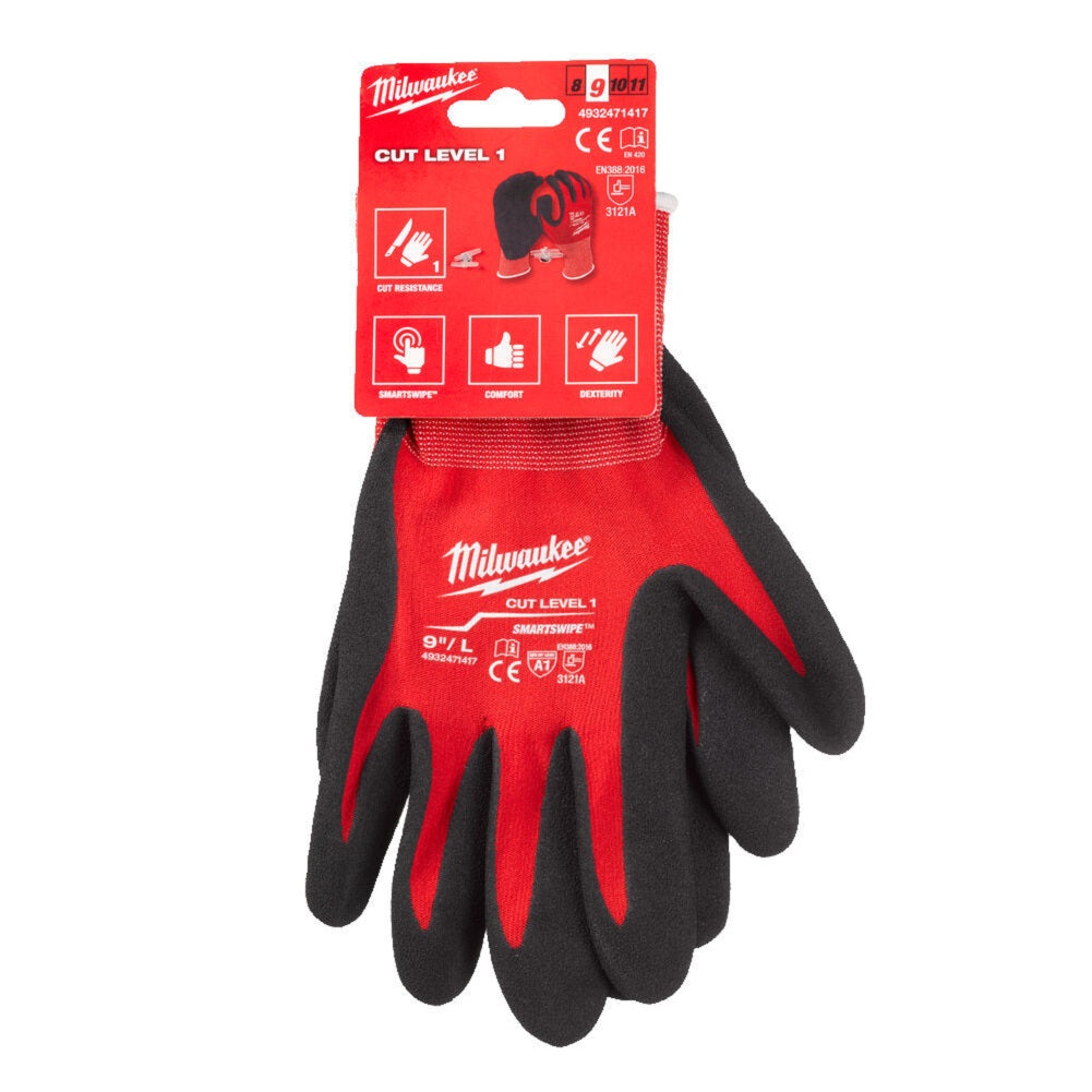 Milwaukee Cut Level 1 Nitrile Dipped Work Gloves. Suitable for light industrial, tradesmen and general handling use. Red/White/Black. Suitable for touchscreen devices. protexU