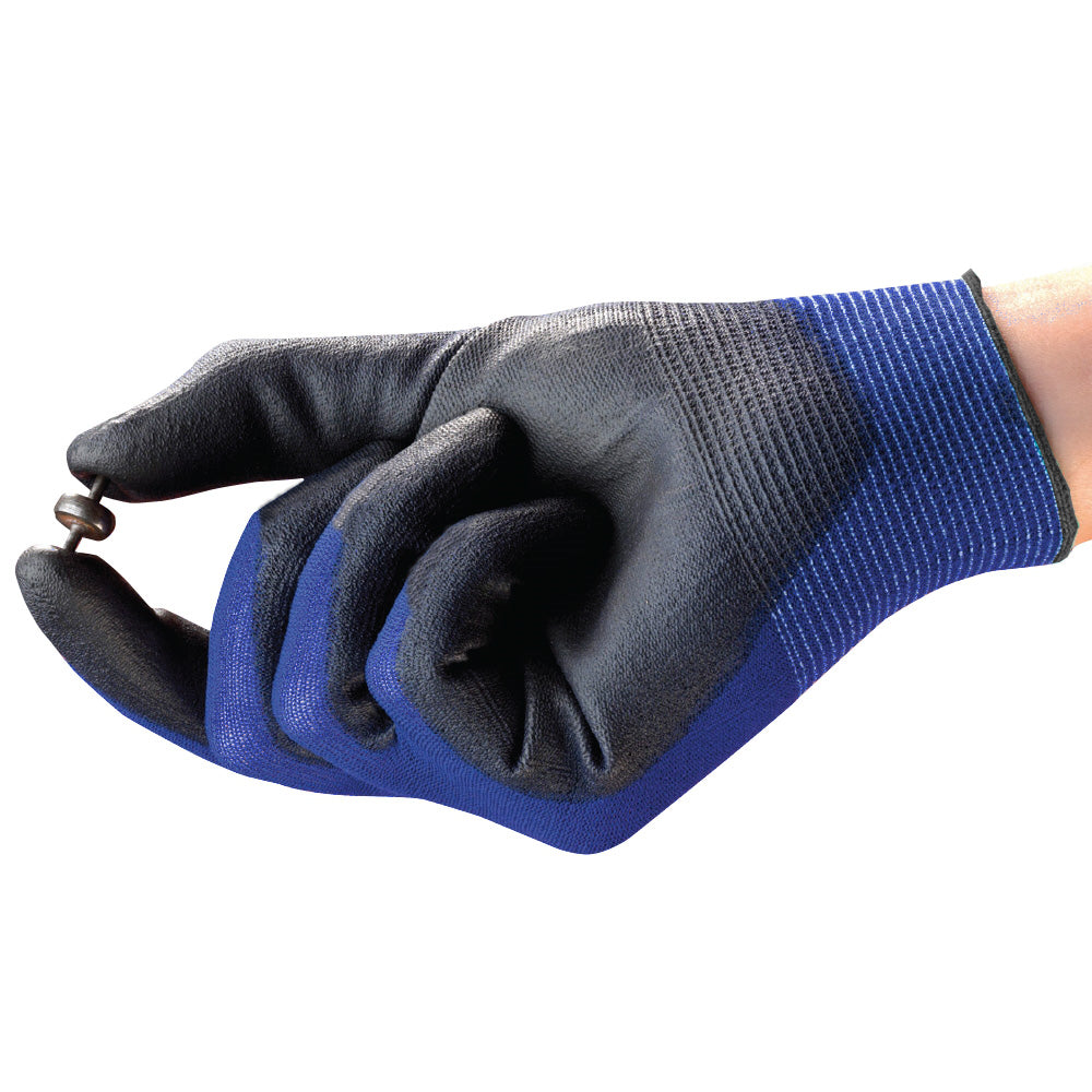 uvex phynomic wet safety gloves. Protect from various hazards.  Re-usable water-repellent aqua-polymer foam coating. Blue with black Polymer coated palms. Made in Germany. Protexu