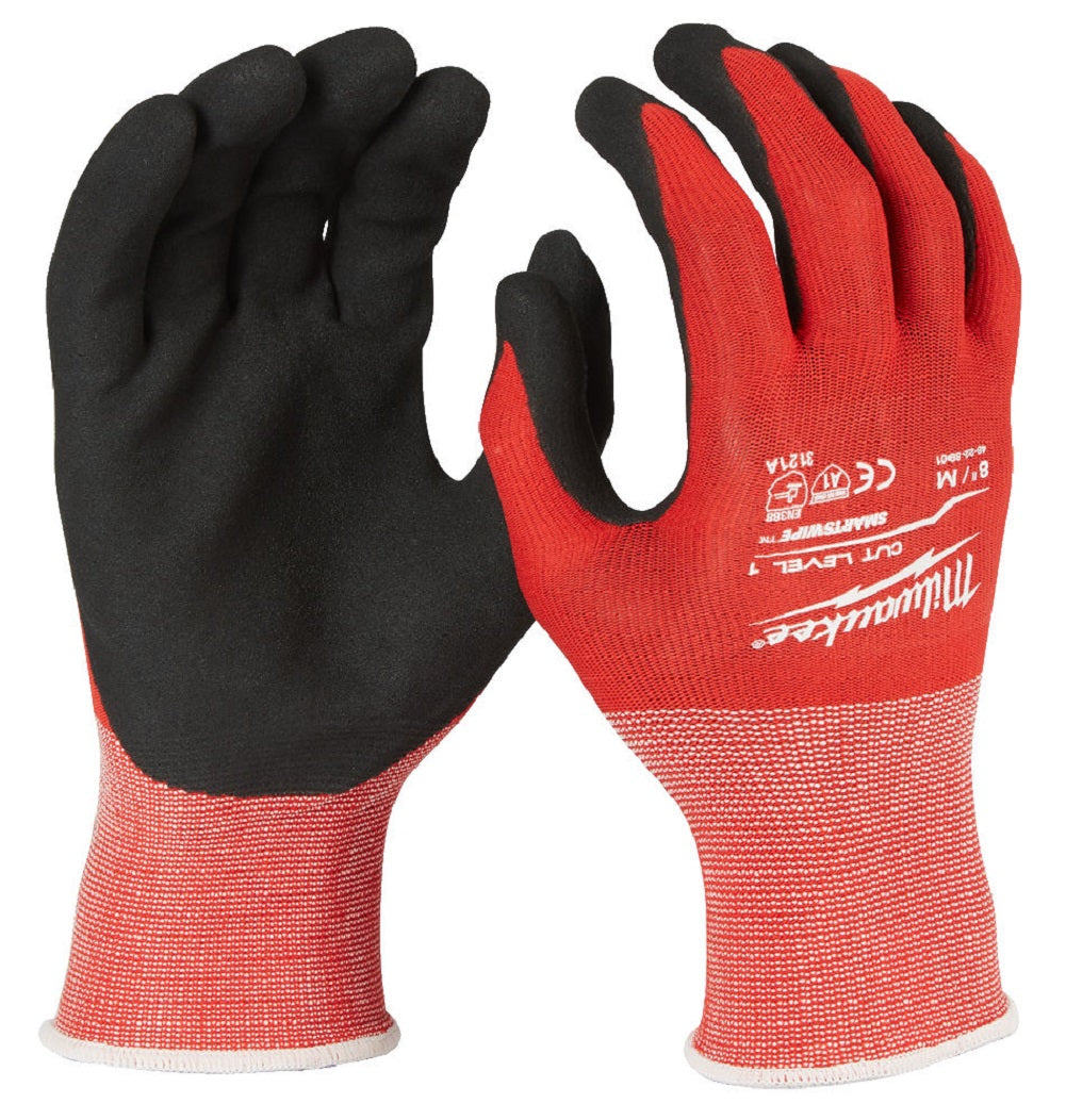 Milwaukee Cut Level 1 Nitrile Dipped Work Gloves. Suitable for light industrial, tradesmen and general handling use.  European Certified for cut protection: EN420 and EN388:2016 (3121A). Suitable for touchscreen devices. protexU